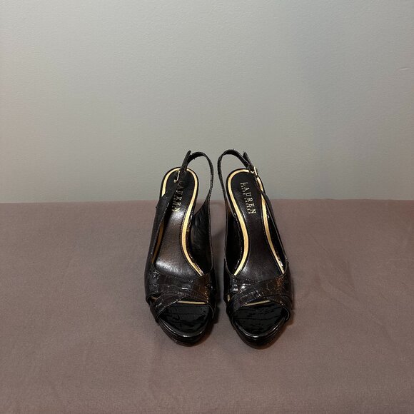 Ralph Lauren Ladies Peep Toe Black Patent High Heel Shoe - Picture 2 of 5